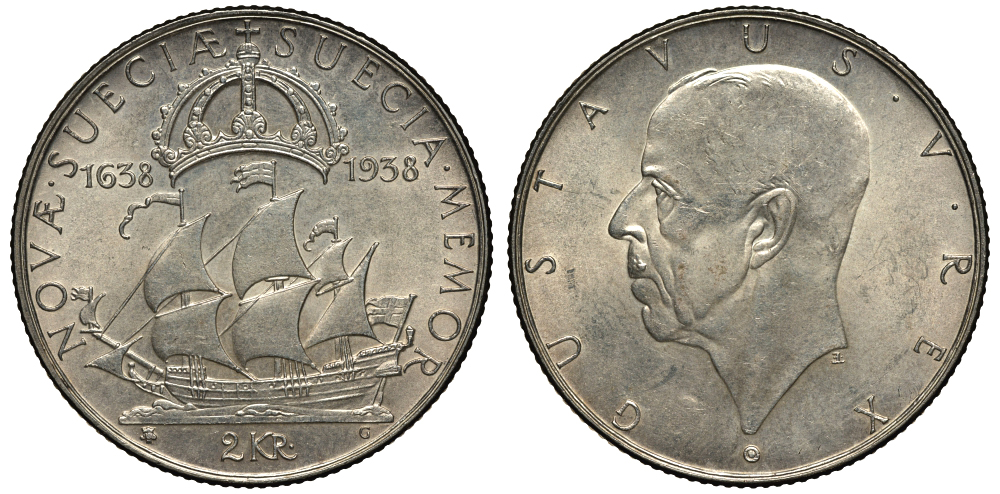 Швеция 2 кроны 1938 G, Густав V (1907-1950), 300 лет шведским поселениям в Делавере KM 807 серебро 3896-1631