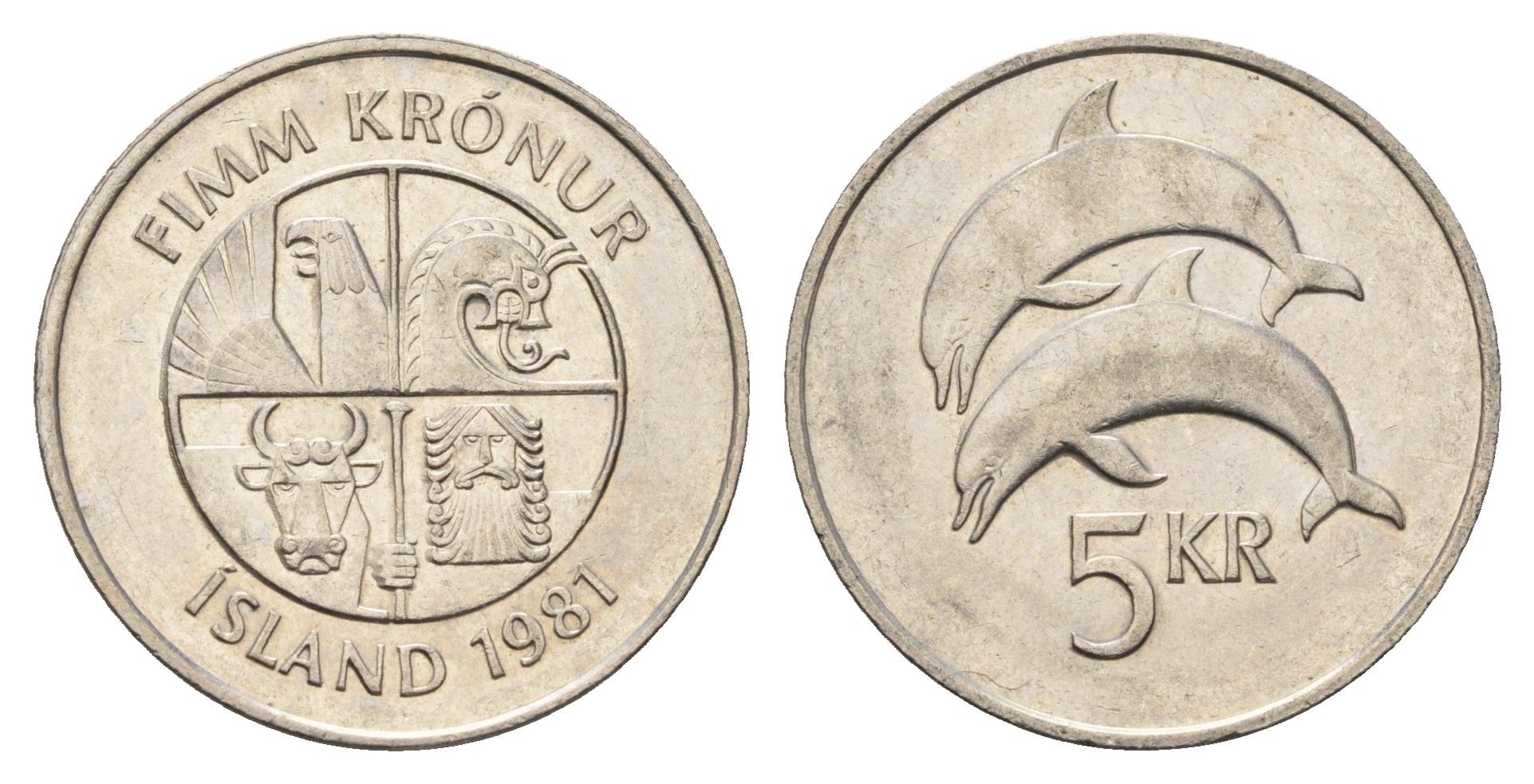 Исландия 5 крон 1981 дельфины KM 28 медно-никель UNC 4591-212