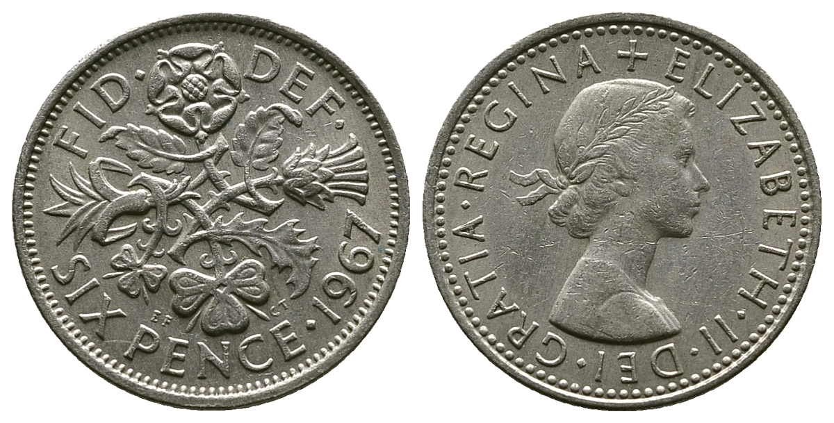 Великобритания 6 пенсов 1967 Елизавета II (1952-2022) KM 903, Spink 4149 медно-никель 4381-861