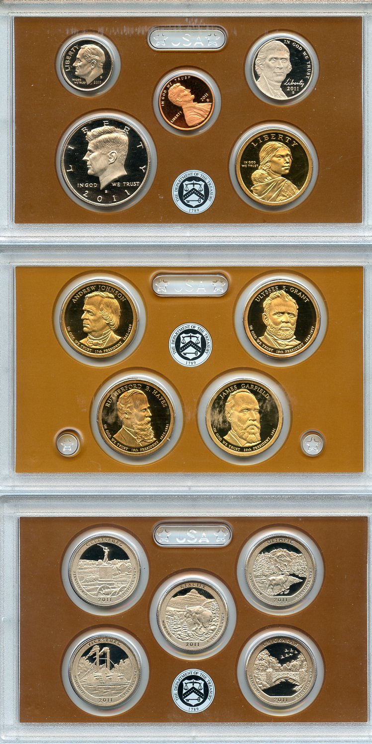 США официальный набор из 14 монет, в 3 пластиковых сетах 2011 годовой набор и юбилейные монет (1 доллар и 25 центов), в оригинальной коробке, сертификат US-001262   PROOF  8-2-03-09