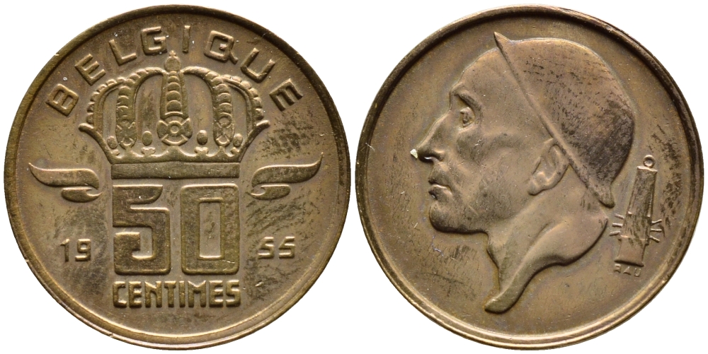БЕЛЬГИЯ 50 САНТИМОВ 1955 BELGIQUE KM 144 бронза 4392-817