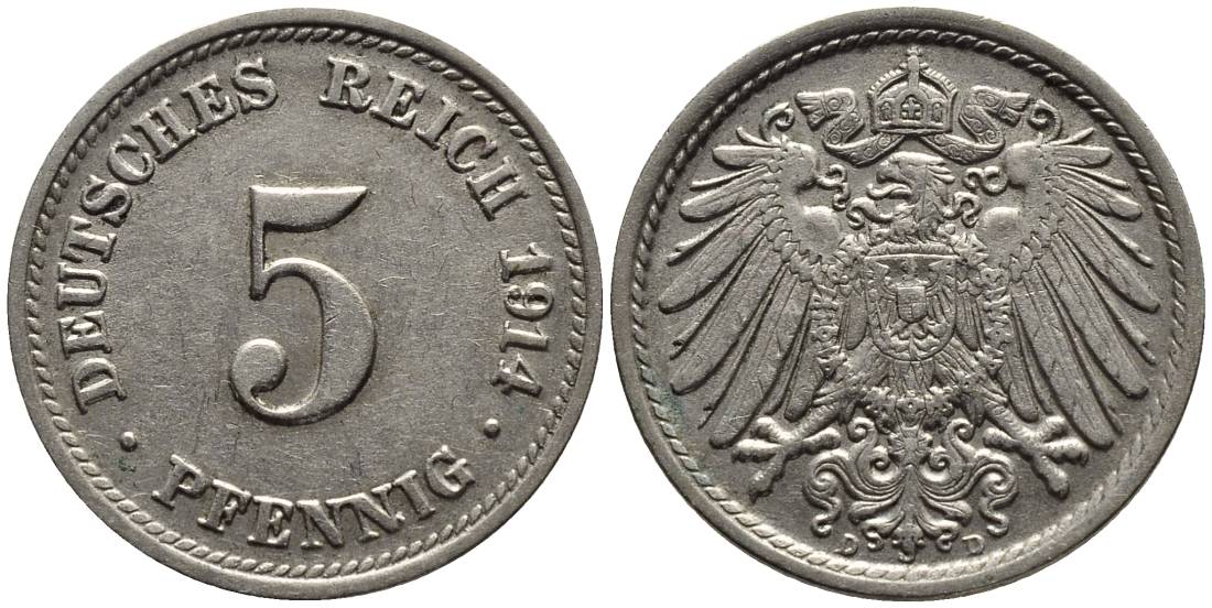 ГЕРМАНИЯ 5 ПФЕННИГОВ 1914 D KM 11, Jager 12, Weege 6 медно-никель 4547-541