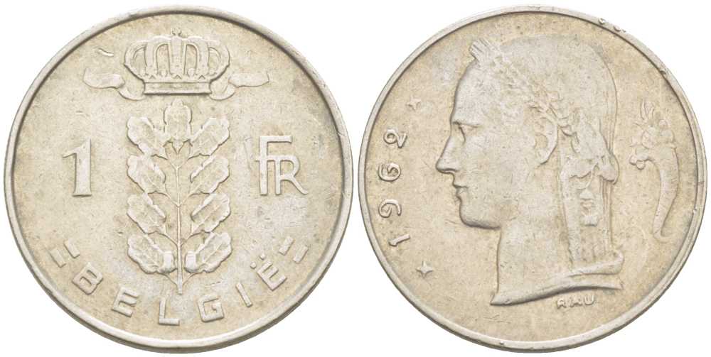 БЕЛЬГИЯ 1 ФРАНК 1962 BELGIE, БОДУЭН I (1951-1993) KM 143.1 медно-никель 213-331