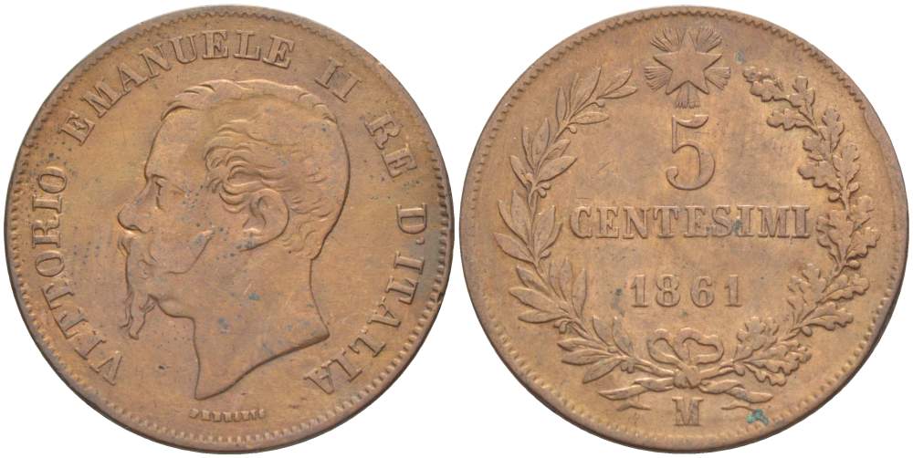 ИТАЛИЯ 5 ЧЕНТЕЗИМО 1861 М, МОНДВОР МИЛАН, ВИКТОР ЭММАНУИЛ II (1861-1878) KM 3.2 медь 4182-1253