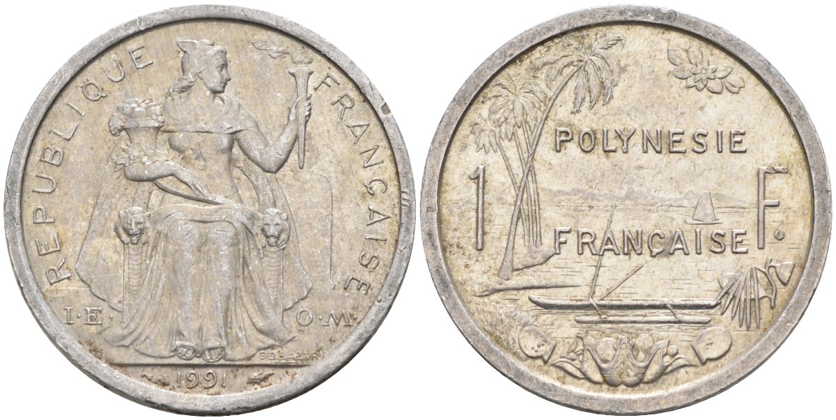 Французская Полинезия 1 франк 1991 KM 11 алюминий 4126-1115