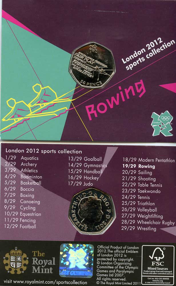 Великобритания 50 пенсов 2011 XXX летние Олимпийские игры в Лондоне в 2012 году, гребля на байдарке двойке, в оригинальном картонном буклете, с Олимпийской голограммой (19/29) KM 1172 медно-никель  UNC  3-6-6-08