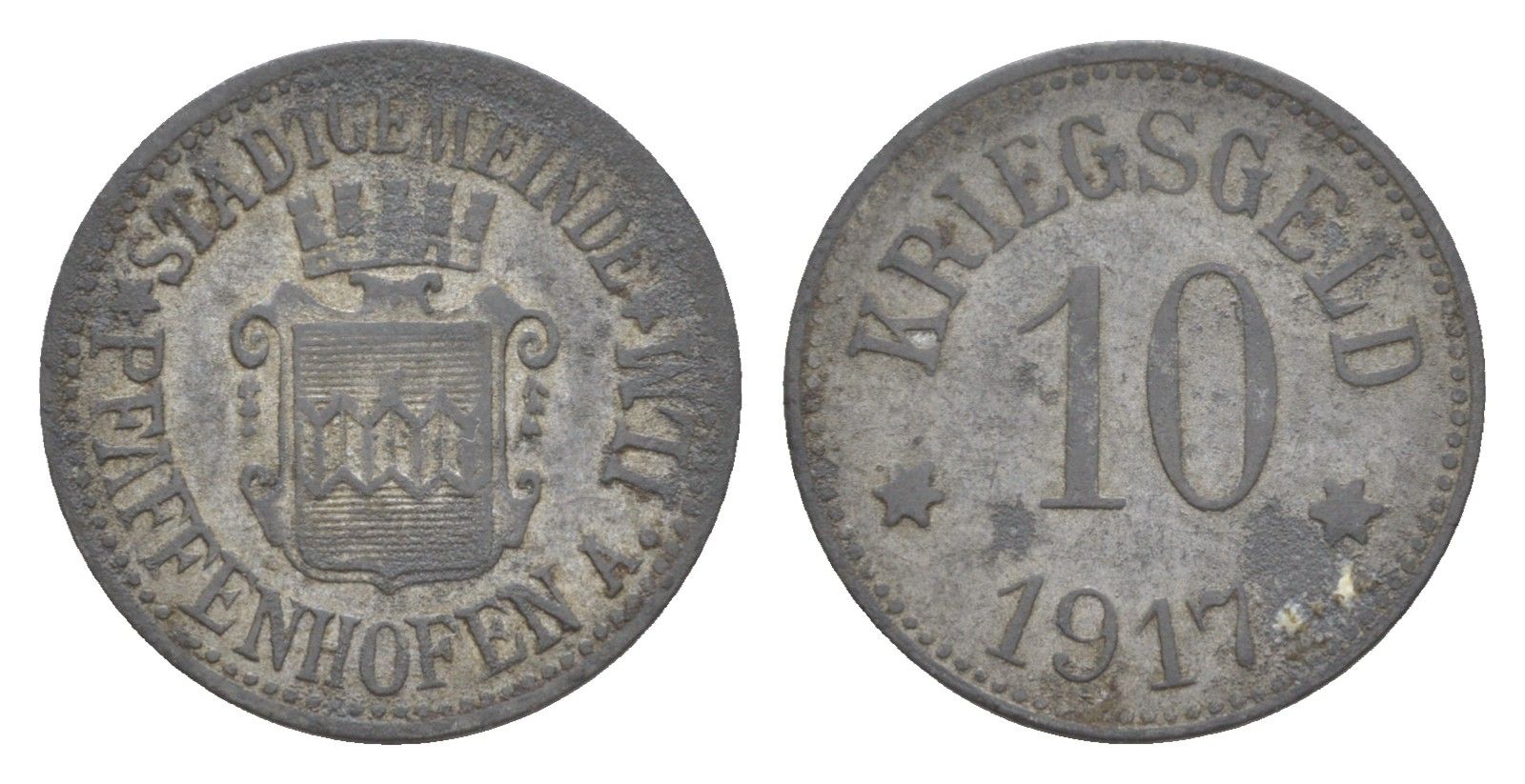 Пфаффенхофен-ан-дер-Ильм 10 пфеннигов 1917 Funck 421.2, Men05 20354.2, Men18 25512.2 цинк 4636-1215