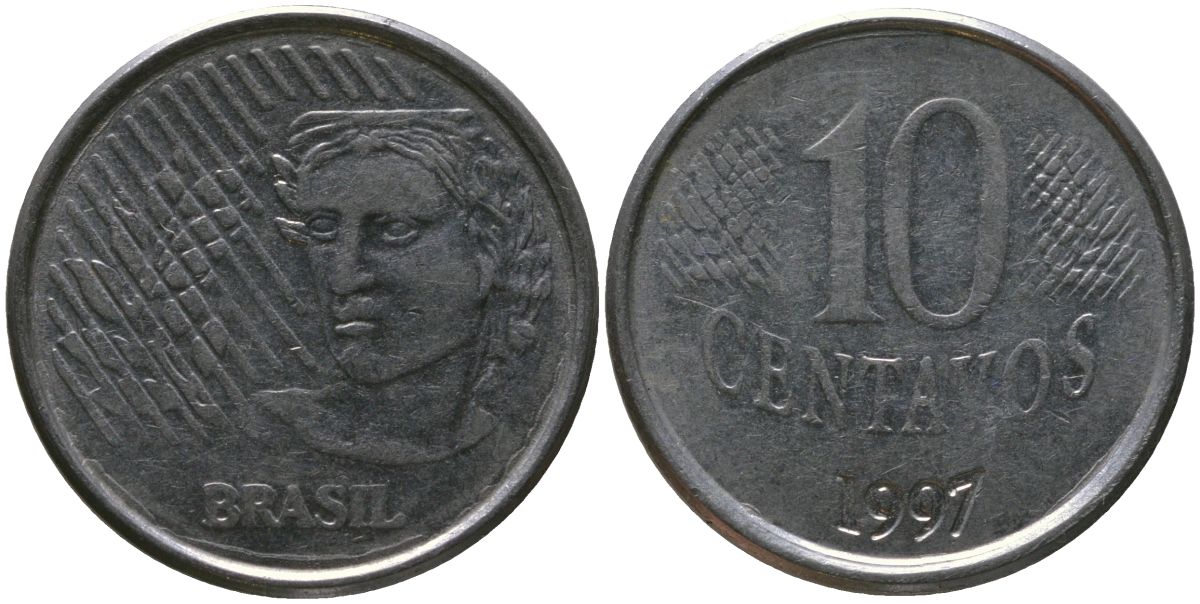 Бразилия 10 сентаво 1997 KM 633, Schon 142 нержавеющая сталь 4519-955