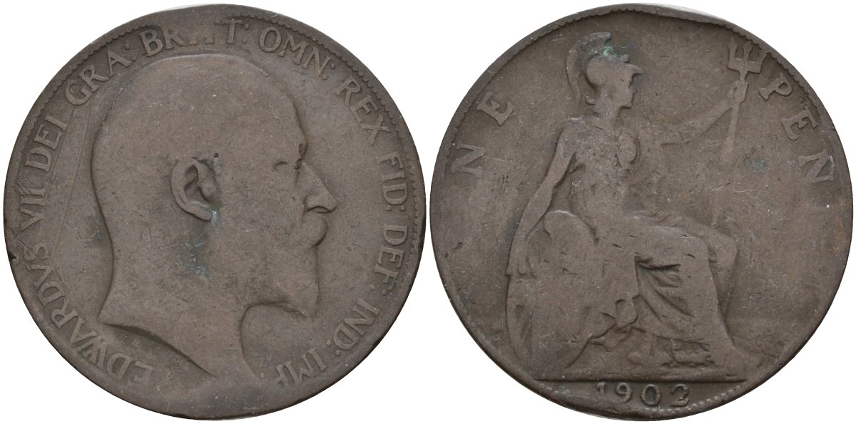 Великобритания 1 пенни 1902 Эдуард VII (1901-1910) KM 794.1, Sp 3990A бронза 4144-732