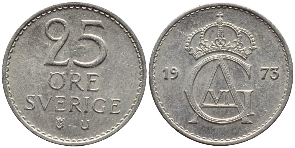 Швеция 25 эре 1973 U, Густав VI Адольф (1950-1973) KM 836 медно-никель 4396-525