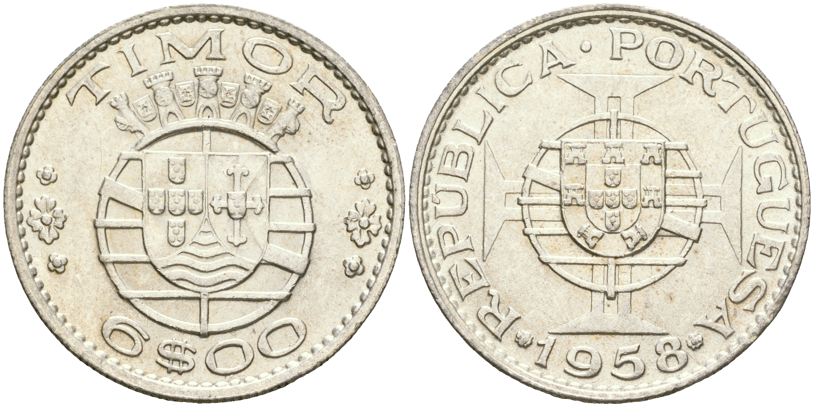 Португальский Тимор 6 эскудо 1958 год тип KM 15 серебро aUNC 4364-1646