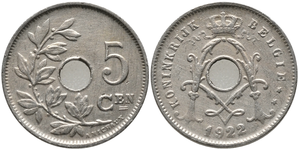 БЕЛЬГИЯ 5 САНТИМОВ 1922 BELGIE KM 67 медно-никель 76-112