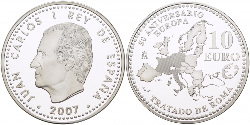 Испания 10 евро 2007 M, 50 лет Римскому договору KM 1135 серебро  PROOF   11-166-33