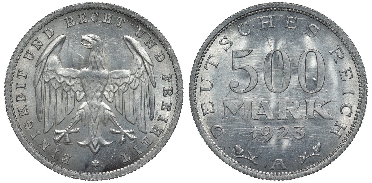 Германия 500 марок 1923 А KM 36, J.305 алюминий UNC 4587-543