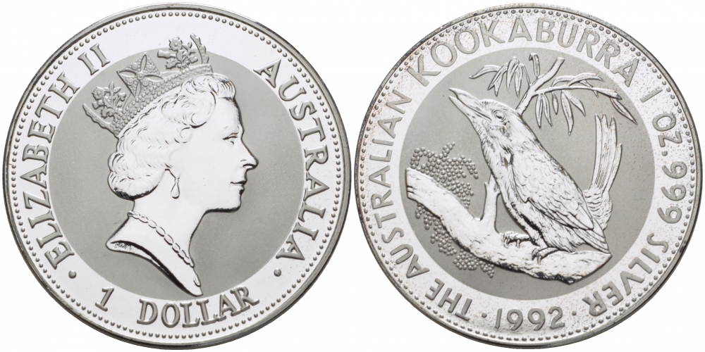 Австралия 1 доллар 1992 кукабара на ветке KM 164 серебро PROOF 05-098-24