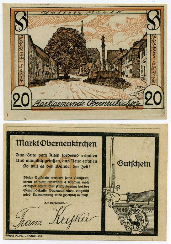 Австрия, Обернойкирхен 20 геллеров 1920 нотгельд, ярмарочная коммуна, земля Верхняя Австрия   бумага  UNC (пресс) 7221-36-1-2
