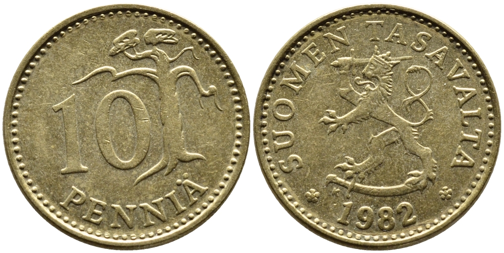 ФИНЛЯНДИЯ 10 ПЕННИ 1982 K KM 46 алюминиевая бронза 46-316