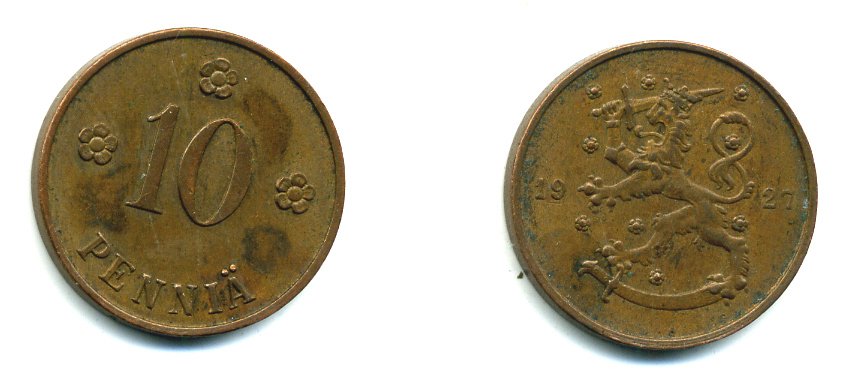 Финляндия 10 пенни 1927 республика (1918-1962) KM 24 медь 46-1615