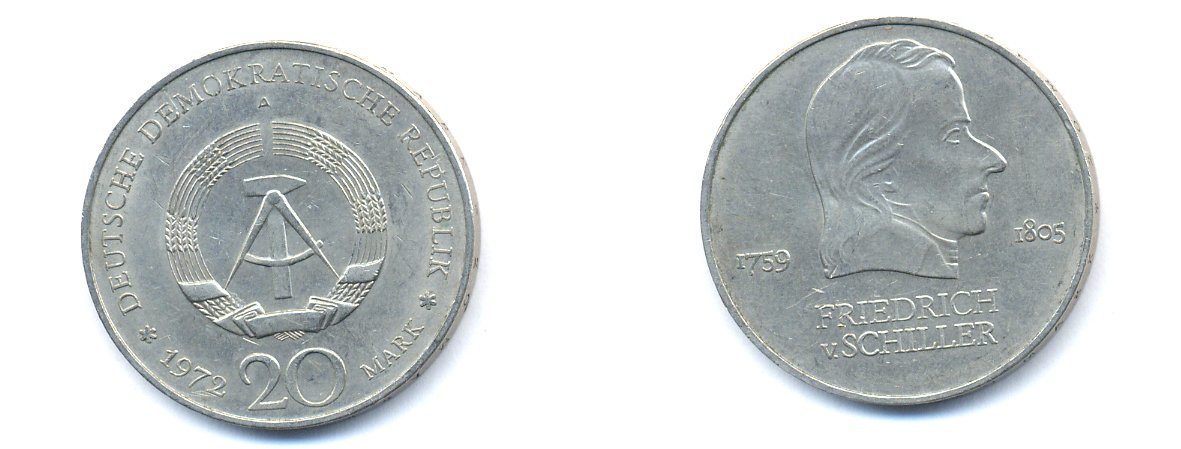 ГДР 20 марок 1972 А, Фридрих Шиллер (1759-1805) KM 40 медно-никель 3333-811