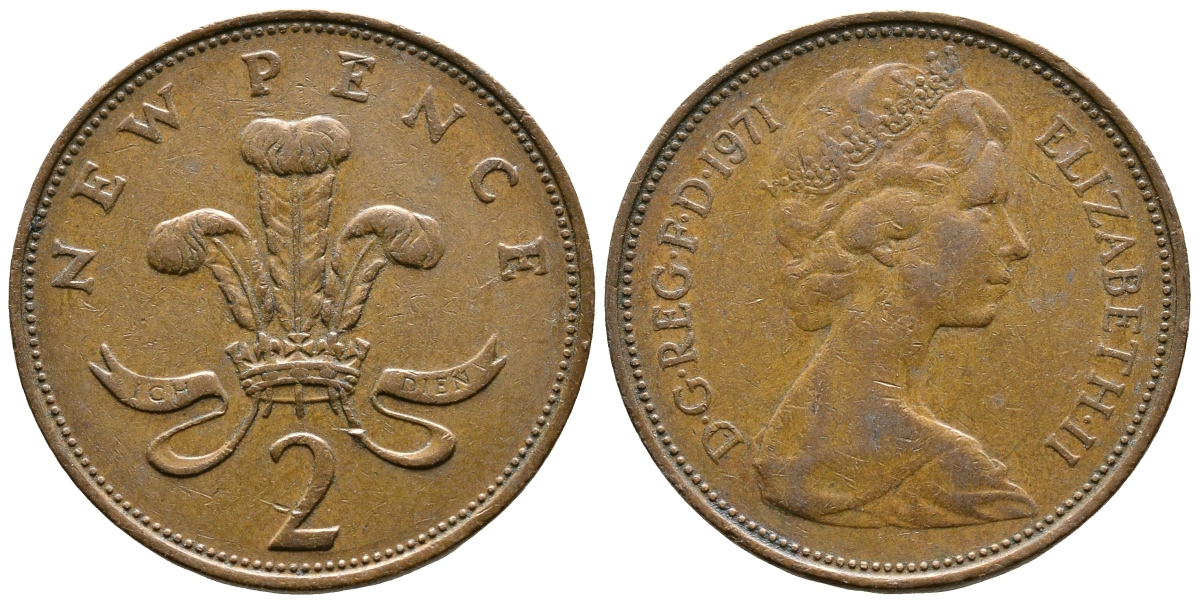 Великобритания 2 пенса 1971 Елизавета II (1952-2022) KM 916, Spink 4235 (C1) бронза 89-1445