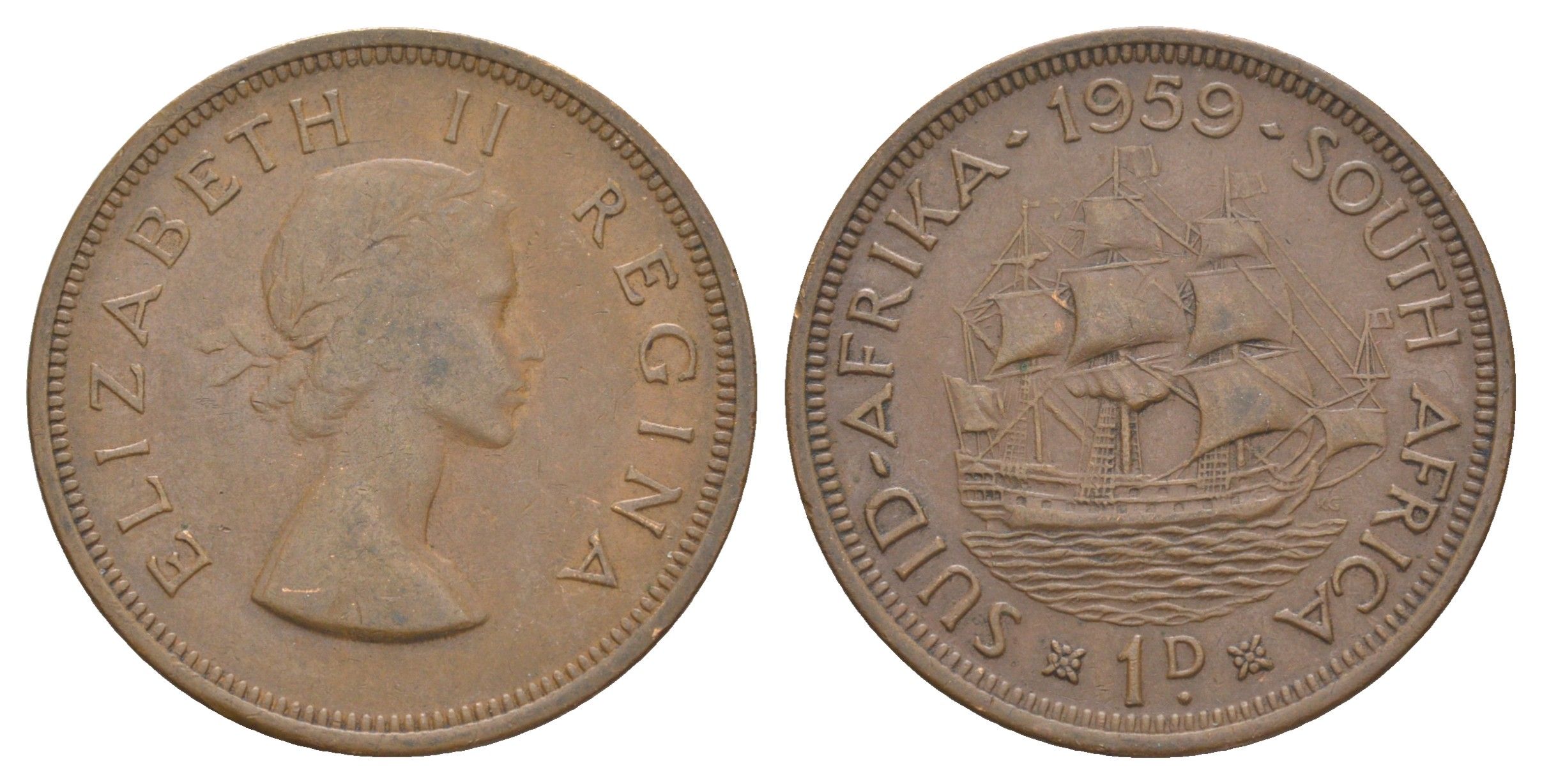 ЮАР 1 пенни 1959 Елизавета II KM 46 бронза 4645-912