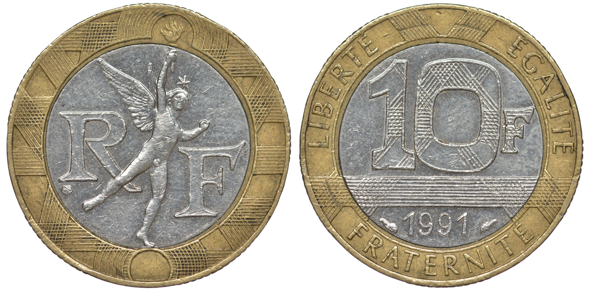 Франция 10 франков 1991 тип гений Бастилии KM 964.1, Le Frank 375.6 биметалл 45-923