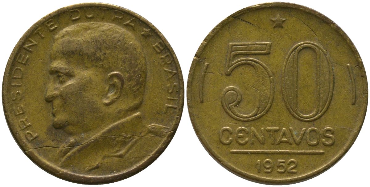 Бразилия 50 сентаво 1952 Эурику Дутра KM 563, Schon 68 алюминиевая бронза 4575-1251