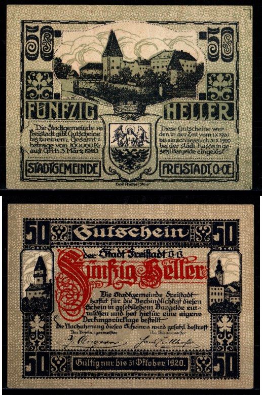 Австрия, Фрайштадт 50 геллеров 1920 Jaksc/Pick JPR0212-50 бумага 2193-6-4-1