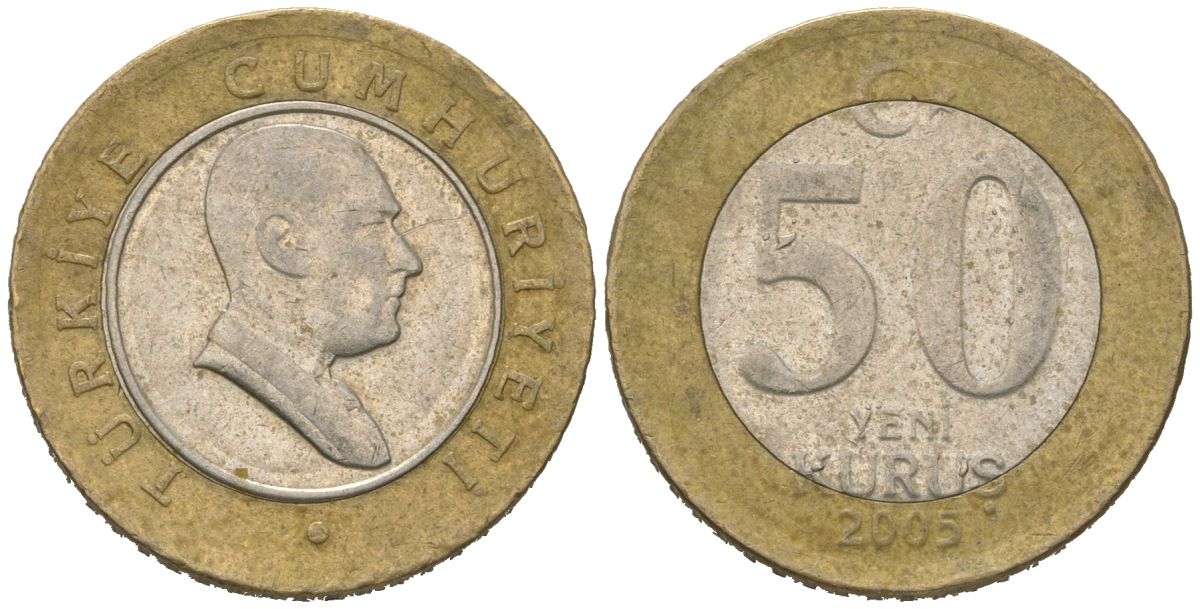 Турция 50 курушей 2005 KM 1168 биметалл 4620-456
