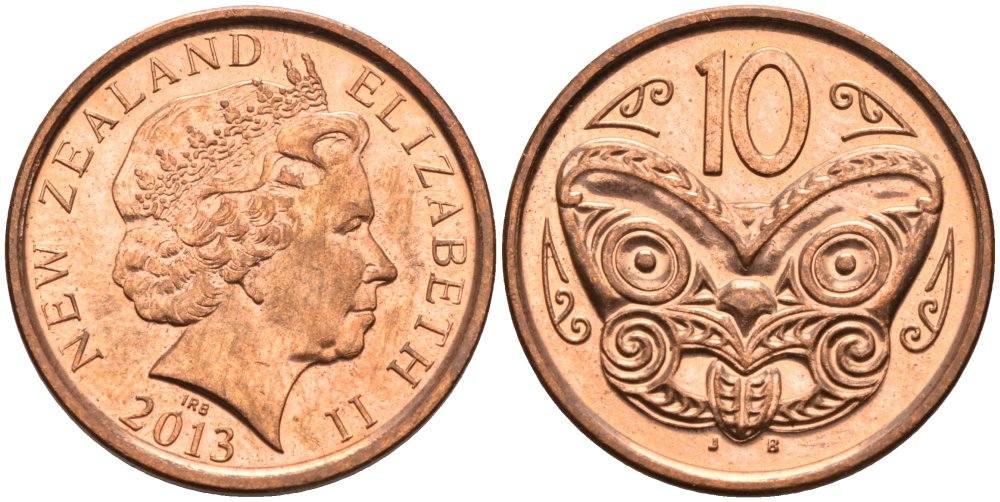 Новая Зеландия 10 центов 2013 маска Маори, Елизавета II (1952-) KM 117а сталь плакированная медью 94-1141