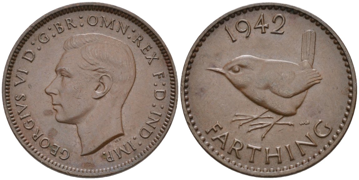 Великобритания 1 фартинг 1942 Георг VI (1936-1952) KM 843, Spink 4116 бронза 26-1458