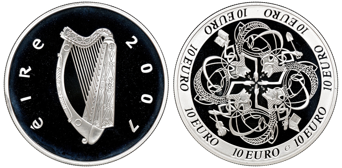 Ирландия 10 евро 2007 влияние Ирландии на европейскую культуру, символы влияния в 4-х областях культуры KM 58 серебро PROOF 4-3-4-23