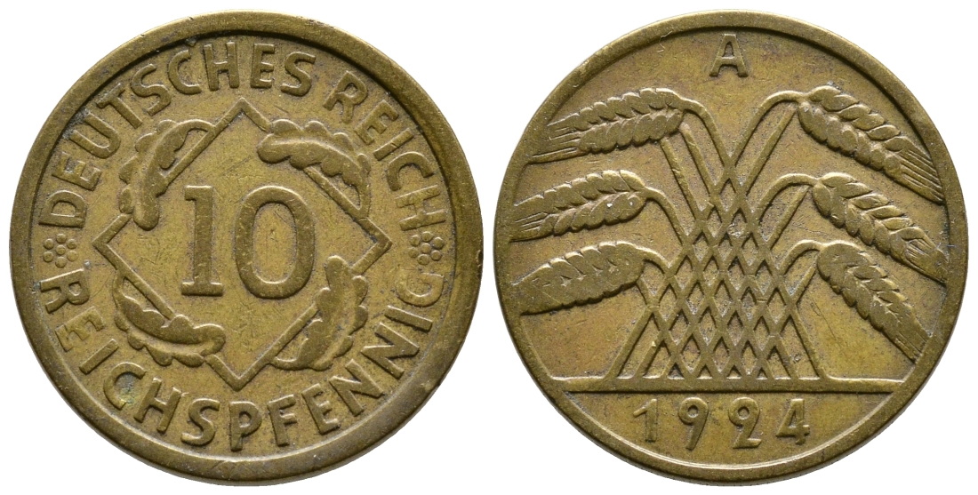 ГЕРМАНИЯ 10 РЕЙХСПФЕННИГОВ 1924 A KM 40, J. 317, Weege 9 алюминиевая бронза 4379-1041