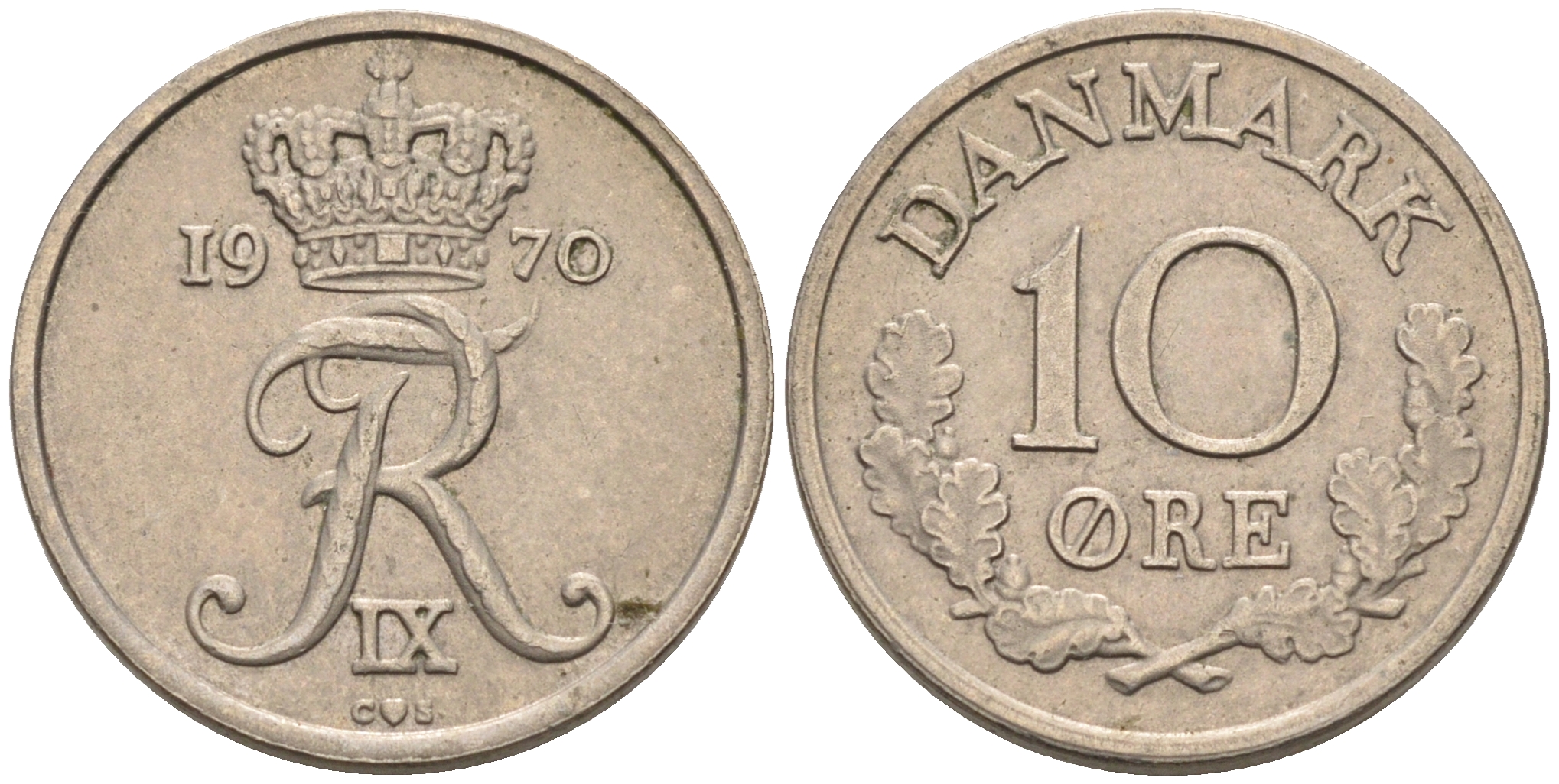 ДАНИЯ 10 ЭРЕ 1970 C; S, ФРЕДЕРИК IX (1947-1972) KM 849.1 медно-никель 4564-1228
