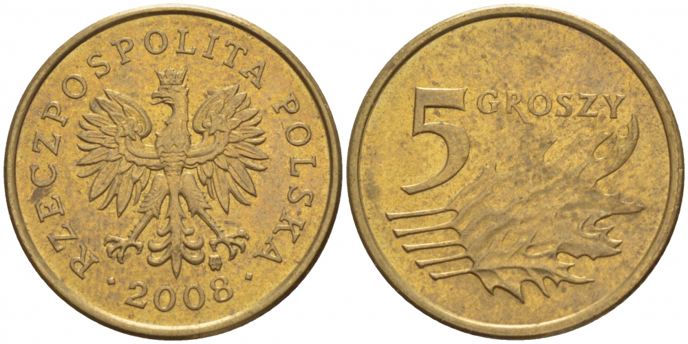 ПОЛЬША 5 ГРОШЕЙ 2008 MW KM 278 латунь UNC 4516-1166