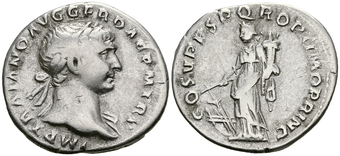 Римская Империя денарий 103 - 111 Траян COS V PP SPQR OPTIMO PRINC Фортуна, персонификация Удачи Рим Very fine RIC 122 серебро 1073-4-2-5