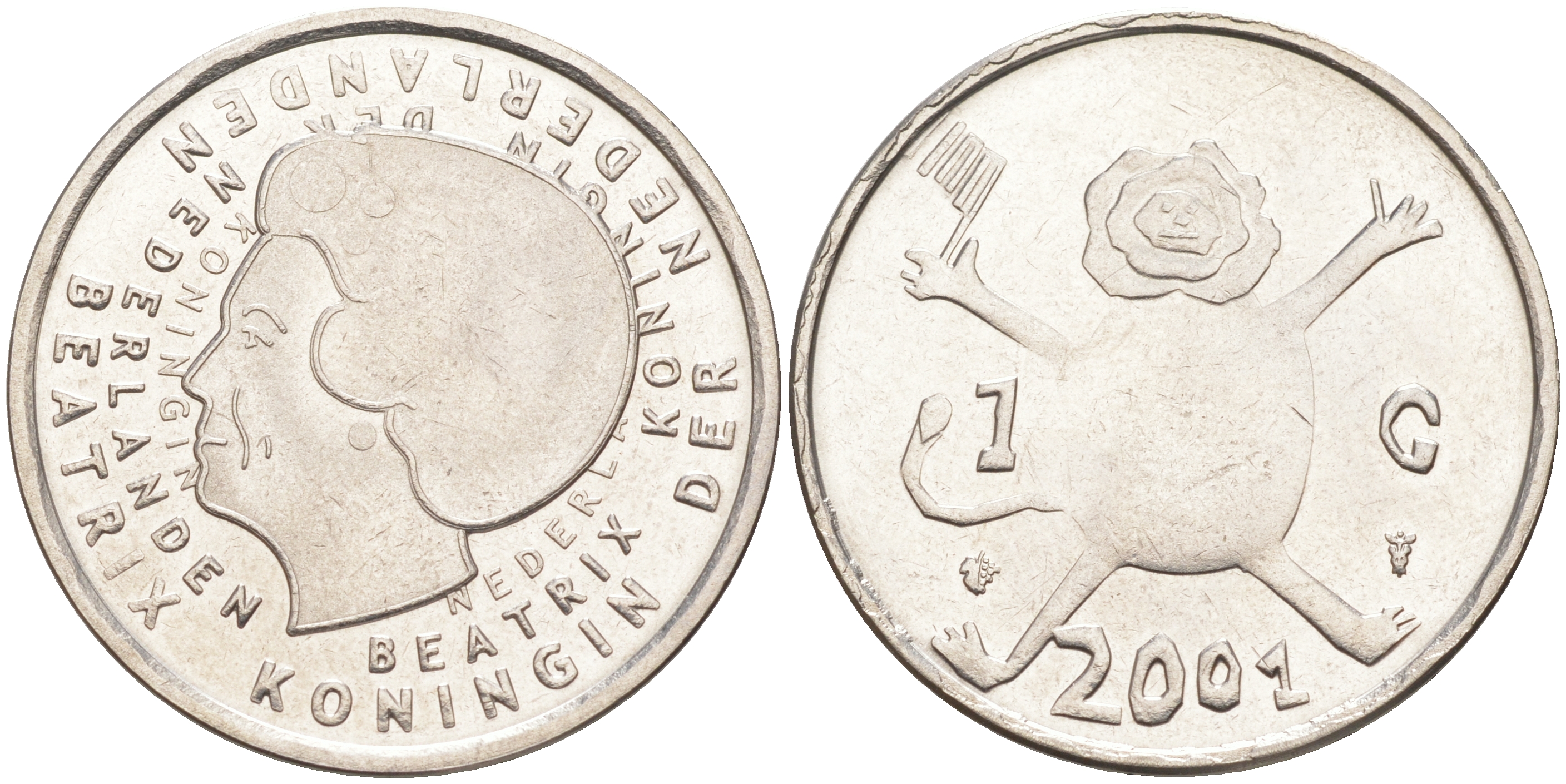 Нидерланды 1 гульден 2001 прощай гульден, детский рисунок, лев с флагом в руках KM 233 никель UNC 106-324