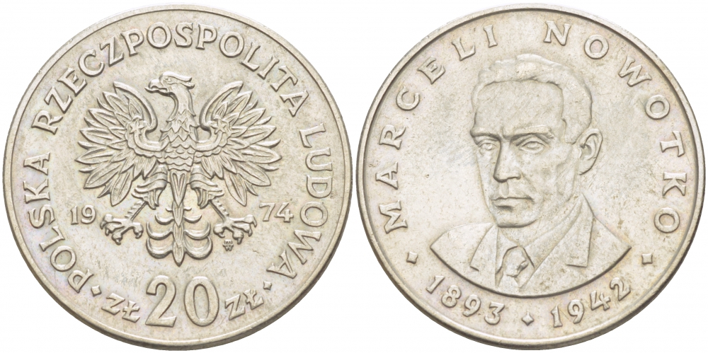 Польша 20 злотых 1974 MW, Марцелий Новотко KM 69, Parchimowicz 246 медно-никель 4403-522