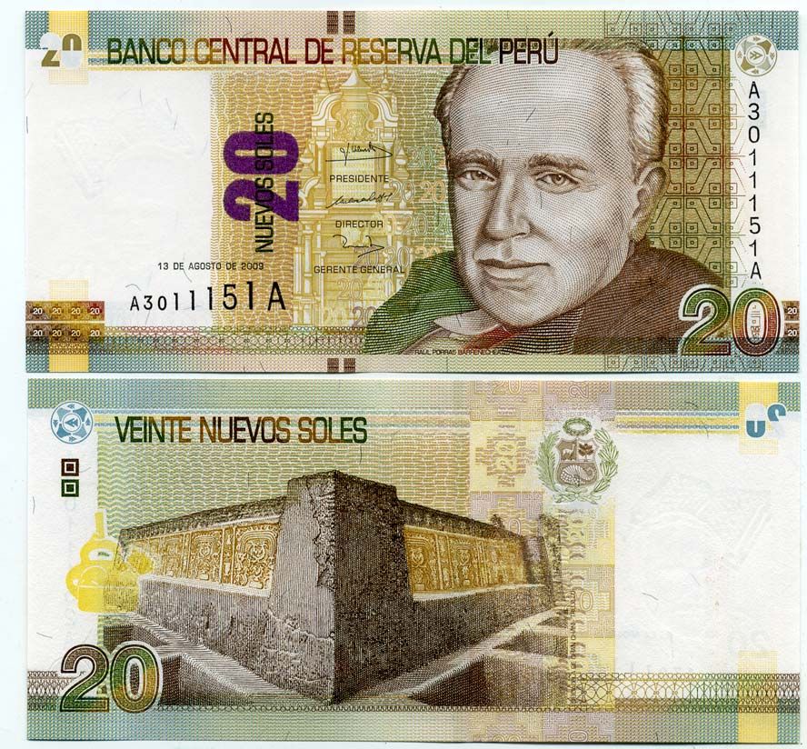 Перу 20 новых солей 2009 Рауль Поррас Барренечеа, руины Чан-Чана Pick 183 бумага UNC (пресс) 447-72-4-3