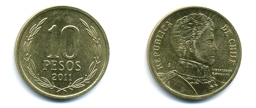 ЧИЛИ 10 ПЕСО 2011 ГЕНЕРАЛ БЕРНАРДО О ХИГГИНС KM 228.2 никель-бронза 37-1143