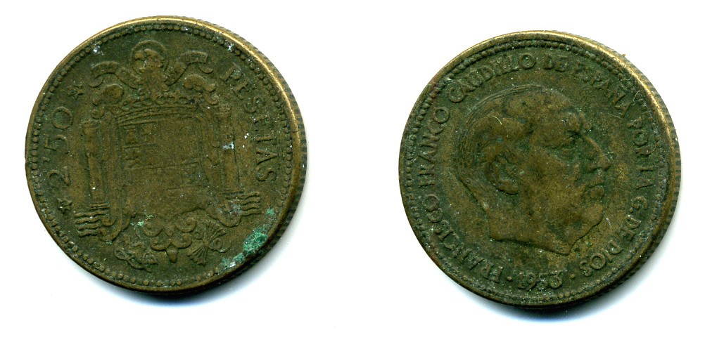 ИСПАНИЯ 2 1/2 ПЕСЕТЫ 1953 (54) ФРАНСИСКО ФРАНКО ДИКТАТОР ИСПАНИИ (1939-1975) KM 785 алюминиевая бронза 53-1241