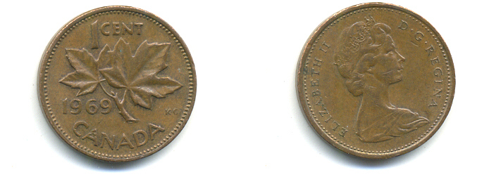Канада 1 цент 1969 Елизавета II (1952-2022), кленовый лист KM 59.1 бронза 177-1334