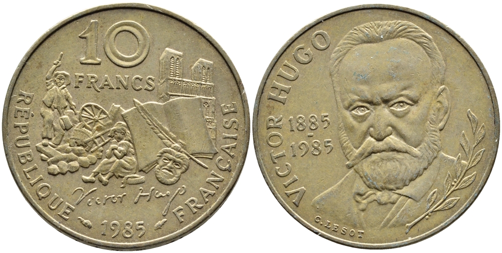 ФРАНЦИЯ 10 ФРАНКОВ 1985 ВИКТОР ГЮГО KM 956 никель латунь 4393-217