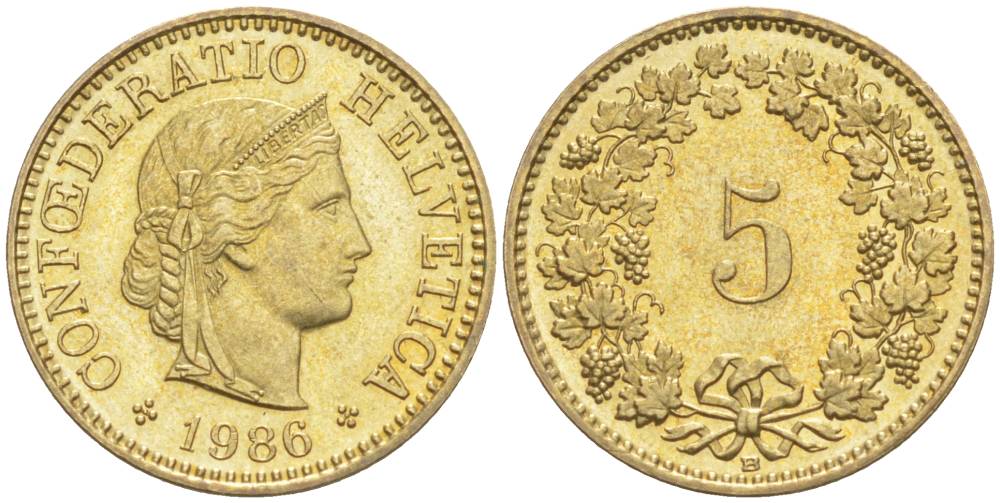 ШВЕЙЦАРИЯ 5 РАППЕНОВ 1986 В KM 26с алюминий латунь 4549-611