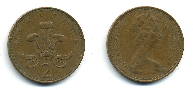 Великобритания 2 пенса 1971 Елизавета II (1952-2022) КМ 916, Spink 4235 (C1) бронза 4110-554