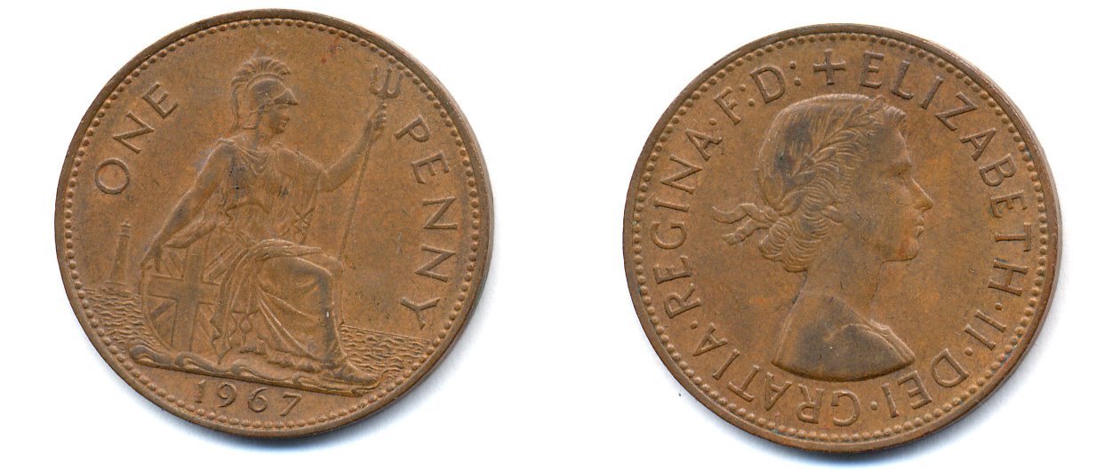 Великобритания 1 пенни 1967 Елизавета II (1952-2022) KM 897, Spink 4157 бронза 51-2334