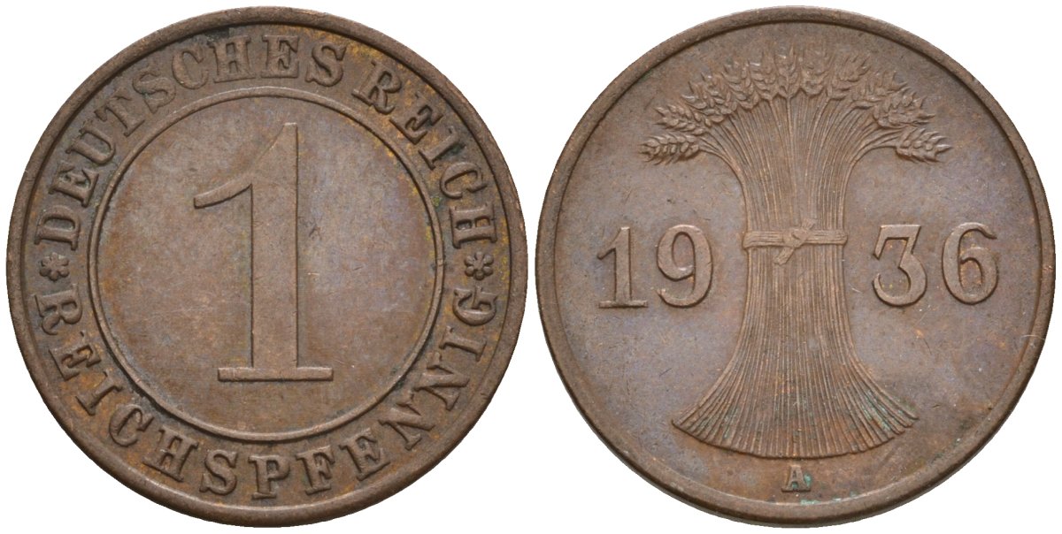 Германия 1 рейхспфенниг 1936 A KM 37, J. 313 бронза 4549-341