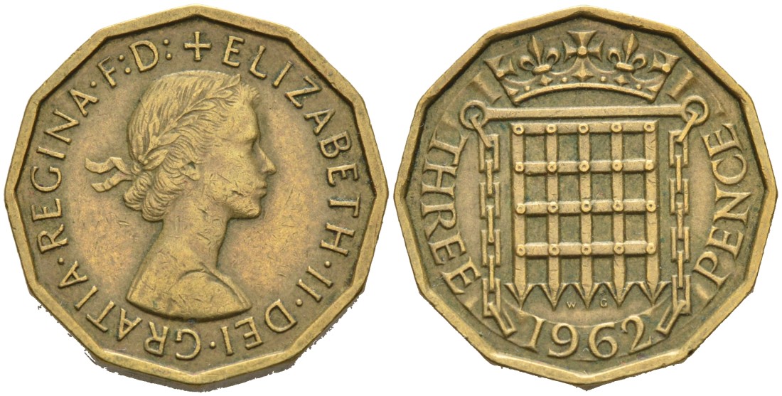 Великобритания 3 пенса 1962 Елизавета II (1952-2022) KM 900, Spink 4153 никель латунь 4561-1033