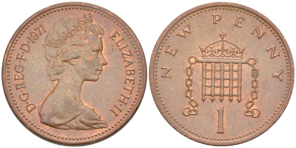 Великобритания 1 пенни 1971 Елизавета II (1952-2022) KM 915, Spink 4237 (B1) бронза 175-556