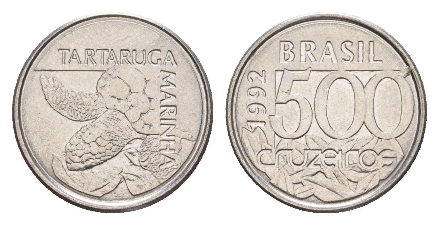 Бразилия 500 крузейро 1992 морская черепаха KM 624 нержавеющая сталь UNC 4644-545